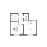 2-комнатная, 39.1 м², жилая: 23.2 м², кухня: 4.4 м²